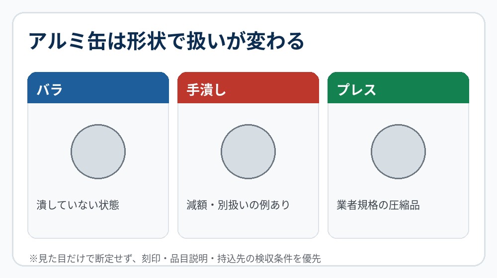 アルミ缶のバラ・手潰し・プレスを比べる図
