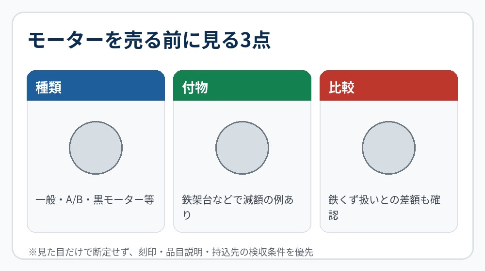 モーターを売る前に種類、付物、鉄くず扱いとの差を確認する図