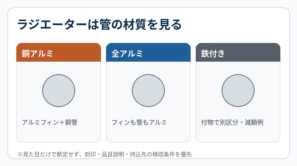 ラジエーターの銅アルミ・全アルミ・鉄付きを比べる図