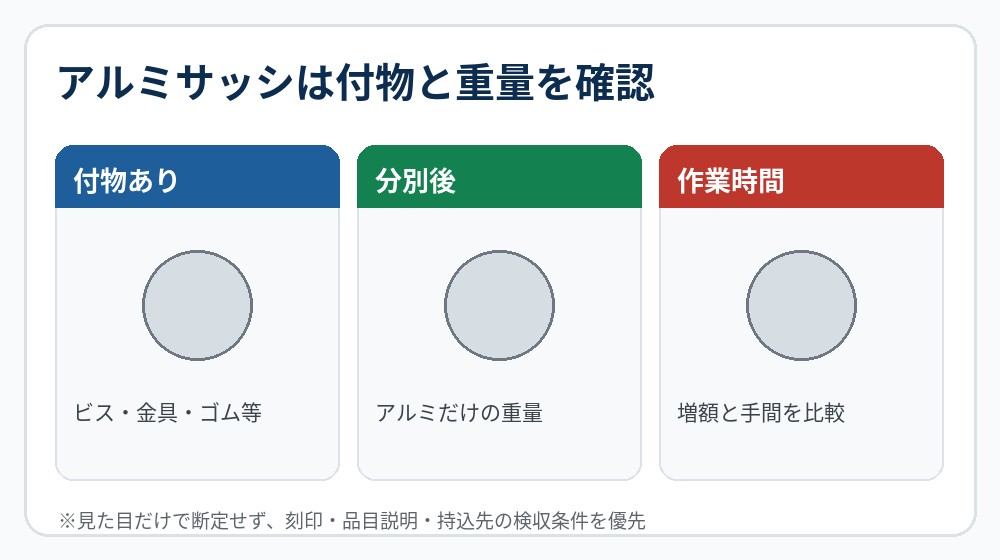 アルミサッシの付物ありと分別後を比べる図