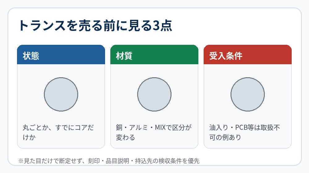 トランスを売る前に状態、材質、受入条件を確認する図