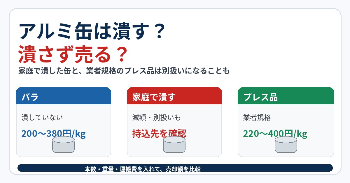 アルミ缶のバラ、家庭で潰した状態、プレス品を比較する図
